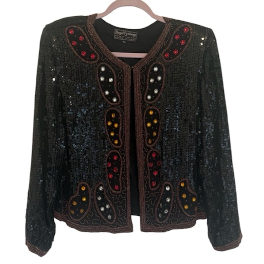 Vintage Beaded Sequin Embellished Open Front Evening Jacket Boho Multicolor